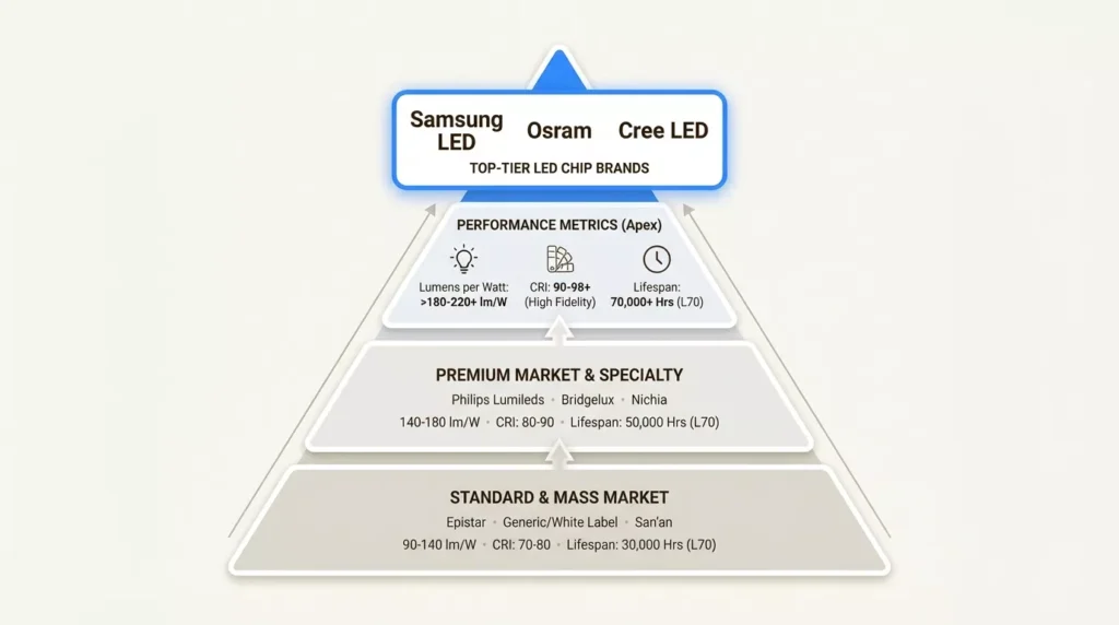 LED chip brands pyramid hierarchy showing top-tier Samsung, Osram, Cree with >180-220 lm/W, CRI 90+, 70,000+ hrs lifespan, premium Philips Lumileds Nichia, and standard Epistar
